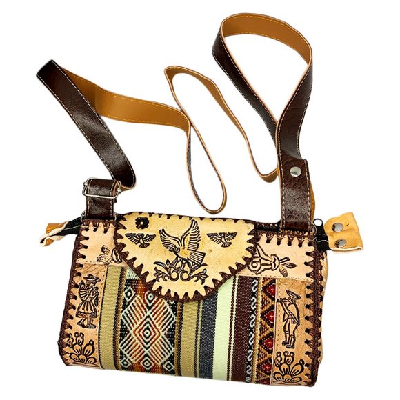 NEW PERU CUSCO WOMEN'S TEXTILE FABRIC EMBOSSED LEATHER BOHO PURSE CROSSBODY BAG - Picture 1 of 3